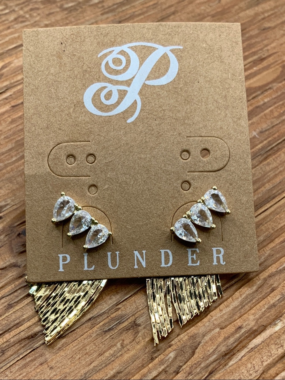 Plunder Design Clear Crystal Teardrop Gold Tassel Earrings
